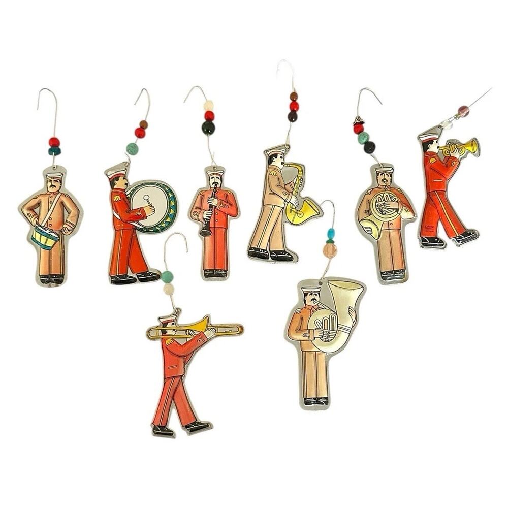 Vintage Dansk Marching Band Christmas Ornaments Metal Swedish Navy Set Of 8